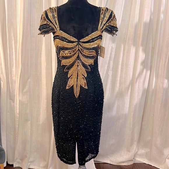 BLACK TIE black & gold beaded formal gown vintage womens dress zipper back NWT 8 - Picture 5 of 17